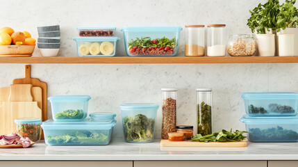 Organized kitchen with food storage containers and fresh ingredients