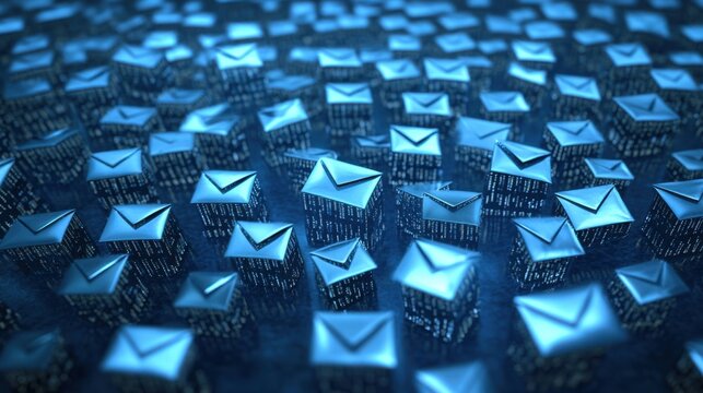 Abstract representation of digital communication through a vast array of 3D blue email icons on a dark textured background, symbolizing connectivity and information flow.