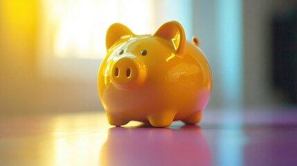 Obraz premium Bright yellow piggy bank illuminated by warm light on colorful surface, symbolizing saving money and financial growth concepts.