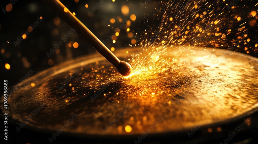 Poster a close-up of a drum being struck, creating sparks and highlighting texture and motion.