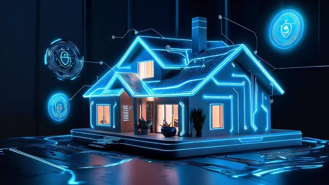 Smart home technology concept Illuminated house model with digital interface.