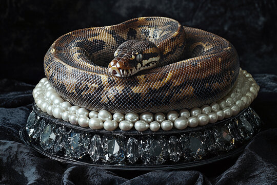 Royal python draped in pearls coiled on crystal pedestal, funky night disco illustration.
