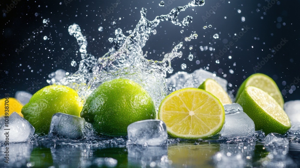 Poster fresh limes and lemons splashing in water with ice cubes creating dynamic visuals of citrus fruits a