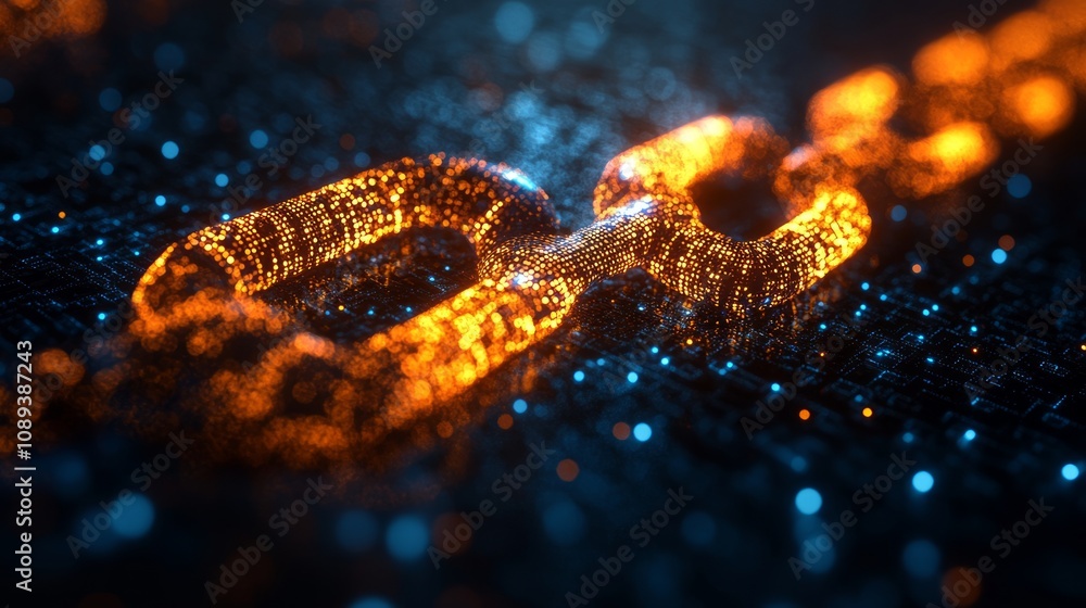 Poster a glowing chain link symbolizing connectivity and blockchain technology in a digital landscape.