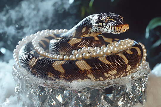 Royal python draped in pearls coiled on crystal pedestal, funky night disco illustration.