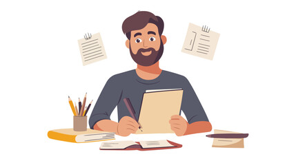 Professional making notes on moving banner with pensive expression