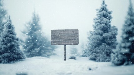 Fototapeta premium Wooden winter greeting sign in a snowy landscape with snow-covered trees and soft snow flurries creating a tranquil scene.