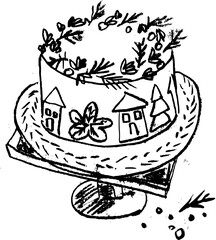 dinner, cake. Christmas related Hand drawn vector sketch illustration