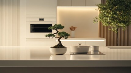 Contemporary kitchen showcasing a sleek white countertop with a white oven, two cooking pots, and a charming bonsai tree for a minimalist aesthetic.