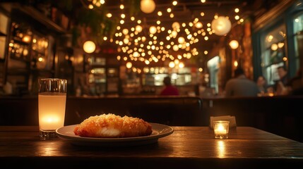 A cozy dining scene featuring a plate of food, a drink, and warm ambient lighting from decorative bulbs.