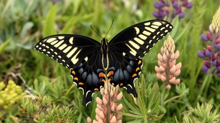 Butterfly perched on vibrant green grass surrounded by blooming brown lupine flowers with delicate petals and rich colors.
