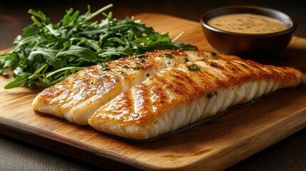 Grilled fish fillet served with fresh greens and a savory dipping sauce on a wooden board.