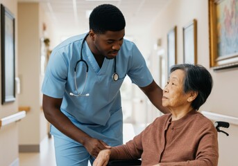 Young male nurse provides compassionate care to an elderly woman in a wheelchair, offering support and comfort within a hospital setting