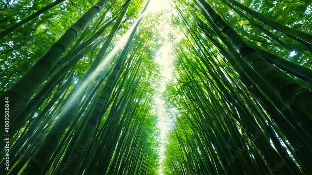 Poster bamboo forest path: sunlight streams through a dense bamboo forest, creating a serene and mystical a