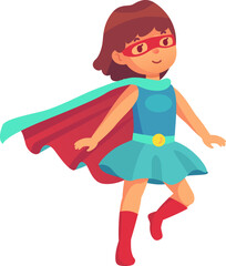 Young superhero girl confidently walks in a red cape and mask, embodying courage and strength, symbolizing hope and inspiration in a colorful illustration