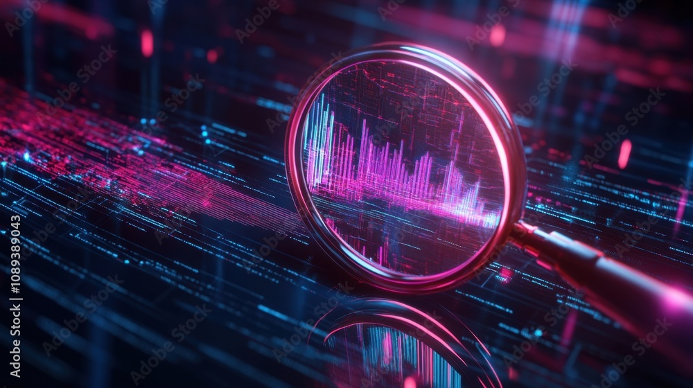 Poster abstract depiction of digital analysis with magnifying glass revealing vibrant data visualization in