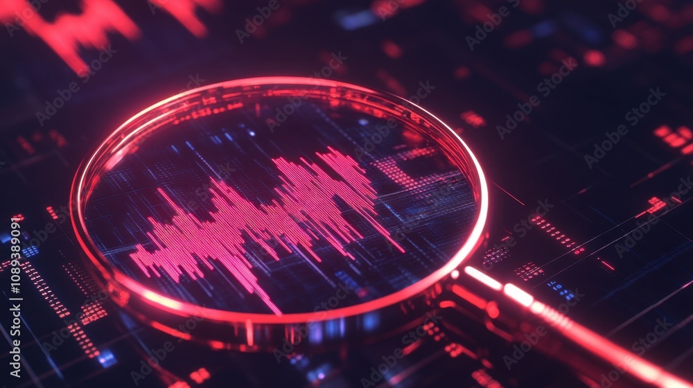 Poster abstract digital visualization of sound waves with magnifying glass emphasizing audio analysis and d
