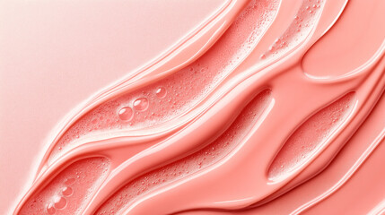 Abstract close-up of pink liquid texture with glossy and smooth surface featuring flowing lines and air bubbles