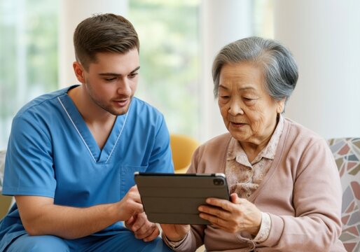 Young male nurse helping an elderly asian woman using a digital tablet, providing tech support and care in a retirement home setting