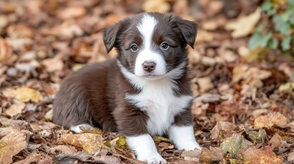 Obraz premium Charming brown and white Border Collie puppy seated among colorful autumn leaves in a vibrant forest, showcasing its endearing gaze and playful spirit.