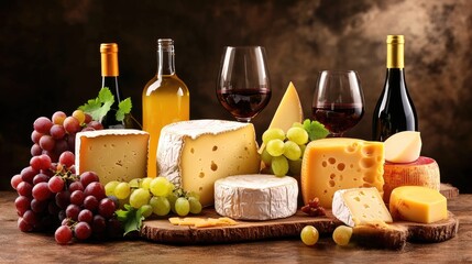 Cheese tasting event showcasing an assortment of cheeses, fresh grapes, and bottles of wine elegantly displayed on a rustic wooden table.