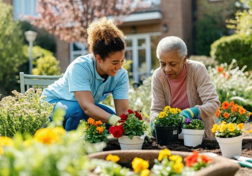Nurse helps a senior woman plant colorful flowers in a garden, enjoying the therapeutic benefits of horticulture
