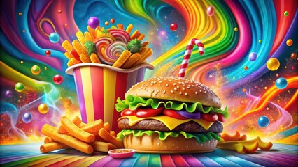 A Vibrant and Enchanting Feast of Colors, Textures, and Flavors A Juicy Burger, Crispy Fries, and Sweet Treats Embracing the Energy of a Colorful Galaxy