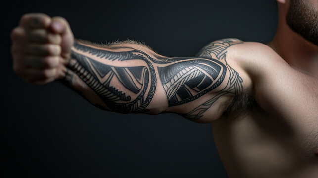 Blackwork tattoo on muscular arm with intricate patterns