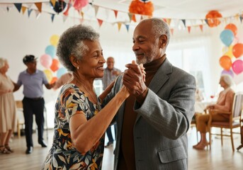 Elderly couple enjoying a slow dance together at a party, surrounded by friends and festive decorations