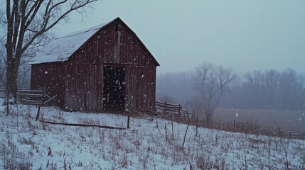 Snowy 1980s barn scene surrounded by a tranquil winter landscape, with large snowflakes gently falling, capturing a nostalgic atmosphere.