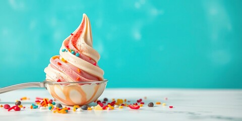 Gelato scoop with colorful toppings and swirls, toppings, layers