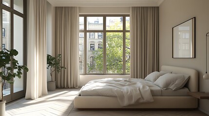 Fototapeta premium Elegant and Cozy Modern Bedroom Interior Design with Stylish Decor, mockup, poster and Background