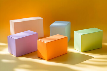 Fototapeta premium Colorful pastel boxes arranged on a yellow background, illuminated by sunlight casting shadows.