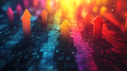Abstract digital representation of upward trends with arrows and vibrant colors.
