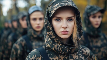 Women in military digital camouflage uniforms focused during a ceremonial presentation in an outdoor setting, showcasing determination and unity.