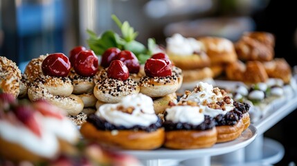 Assorted Fresh Bagels and Pastries Decorated with Cream Cheese Spreads and Topped with Fruits and Nuts on a Display Table