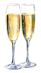 Hand drawn vector watercolor of two glasses of champagne isolated on white background vintage vector sketch drink illustration