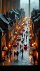 Obraz premium Miniature cityscape with tilt-shift effect, detailed buildings, illuminated streets, figurines, indoor setting, moody lighting. Generative, AI,