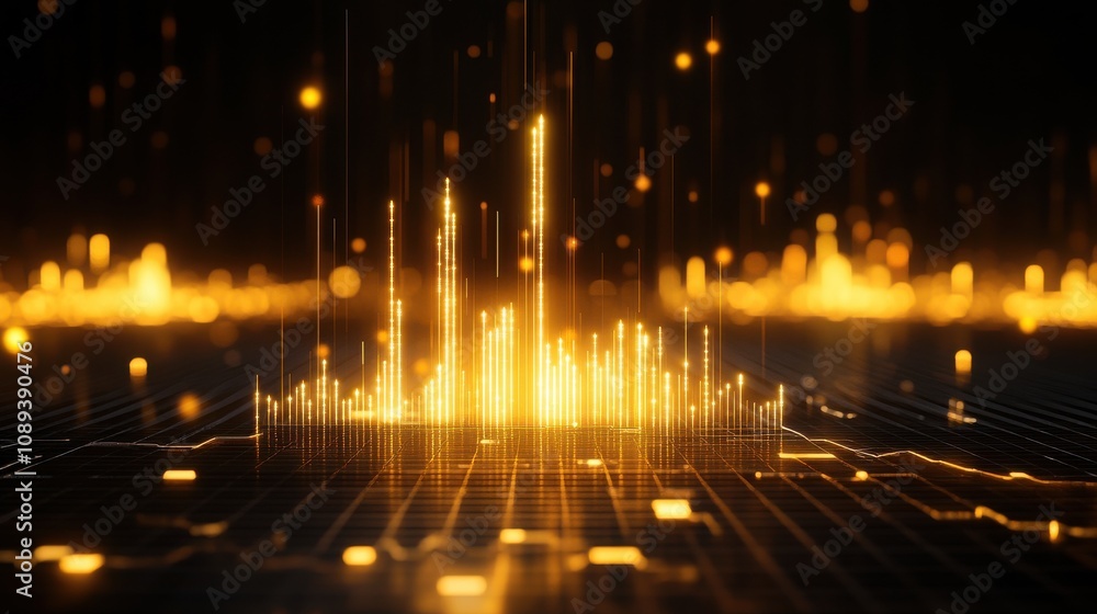 Poster a dynamic visualization featuring luminous golden bars rising from a dark background, resembling dat
