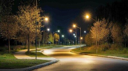 Fototapeta premium Illuminated winding road at night bordered by trees, featuring glowing street lights casting a warm ambiance on the smooth pavement.