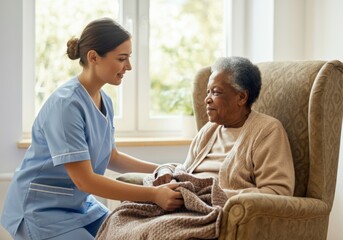 Young nurse covering elderly black woman with blanket, taking care of her with love and patience