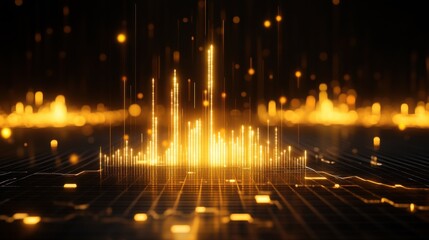 A dynamic visualization featuring luminous golden bars rising from a dark background, resembling data or sound wave patterns.