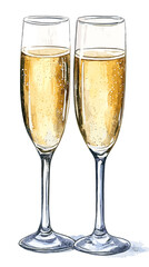 Hand drawn vector watercolor of two glasses of champagne isolated on white background vintage vector sketch drink illustration