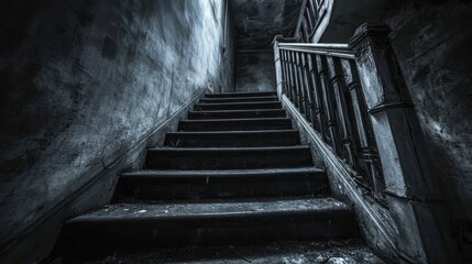 Dark staircase leading down into a shadowy basement, evoking a chilling atmosphere of suspense and unease with distressed walls and dim lighting.