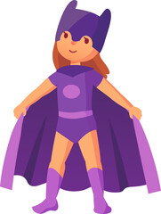 Happy child wearing a purple superhero costume with cape and mask is standing with open arms, showing confidence and readiness for heroic adventures