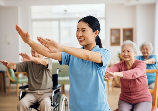 Elderly people practicing physical activity with a young physiotherapist in a retirement home