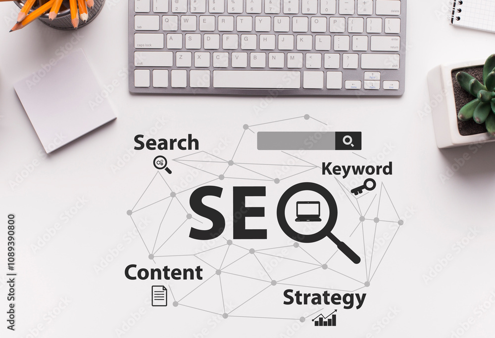 Poster Seo Strategy. Seo-Optimization Scheme With Words Over White Office Desk Background With Computer Keyboard. Search Engine Optimization For Internet Content. Collage, Top View