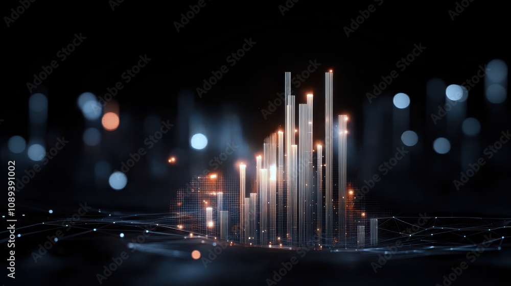 Aufkleber a futuristic data visualization with glowing bars and soft bokeh, representing analytics and digital