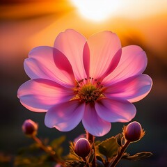 primer plano de una flor rosa en un ambiente natural al atardecer la luz suave del sol ilumina los petalos destacando la belleza de la naturaleza en este momento sereno