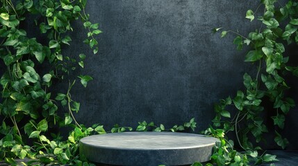 Realistic 3D pedestal podium surrounded by lush green leaves against a dark textured background, creating a natural and elegant setting.